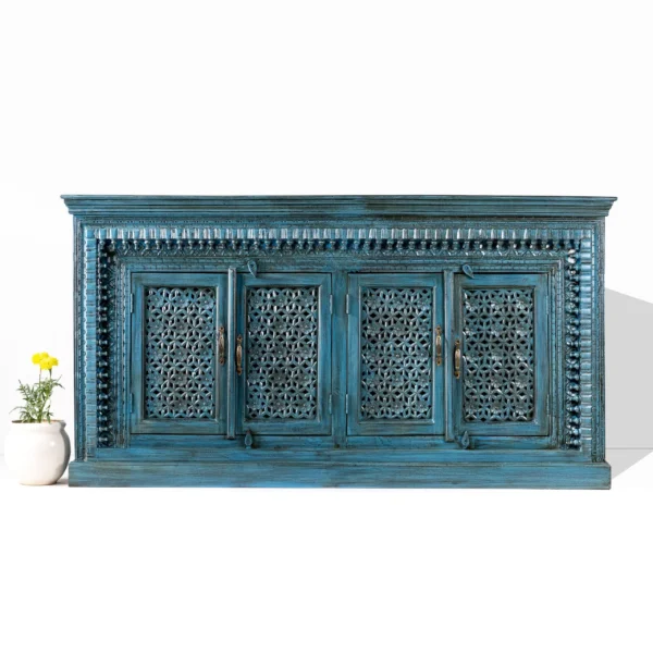 Hand Carved Dark Blue Indian Sideboard