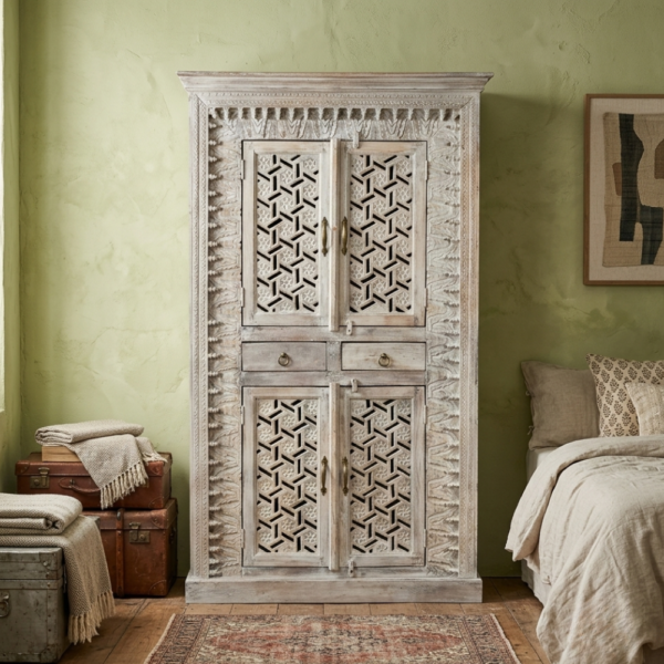 Hand Carved White 2 Drawer Wardrobe