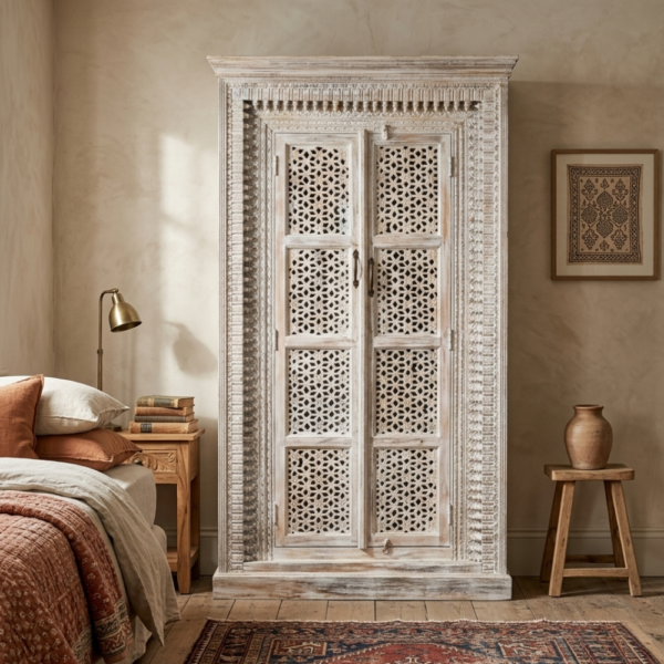 Hand Carved White Spindle Wardrobe