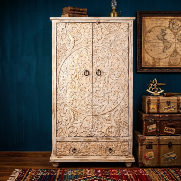 Hand Carved Whitewashed Wardrobe With Drawer