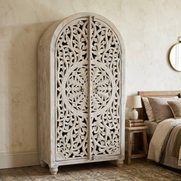 Hand Carved Whitewashed Dome Wardrobe