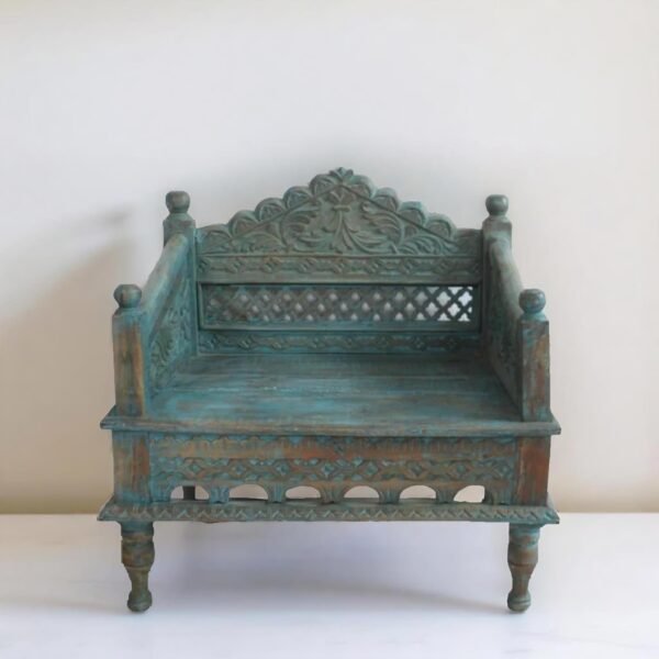 Hand Carved Blue Mughal Accent Chair