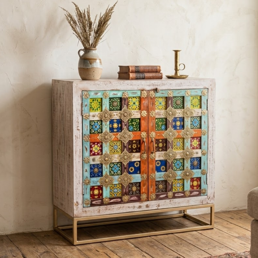 Traditional White 2 Door Tiles Sideboard