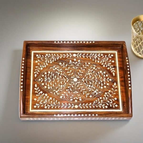 Bone Inlay Indian Antique Floral Serving Tray