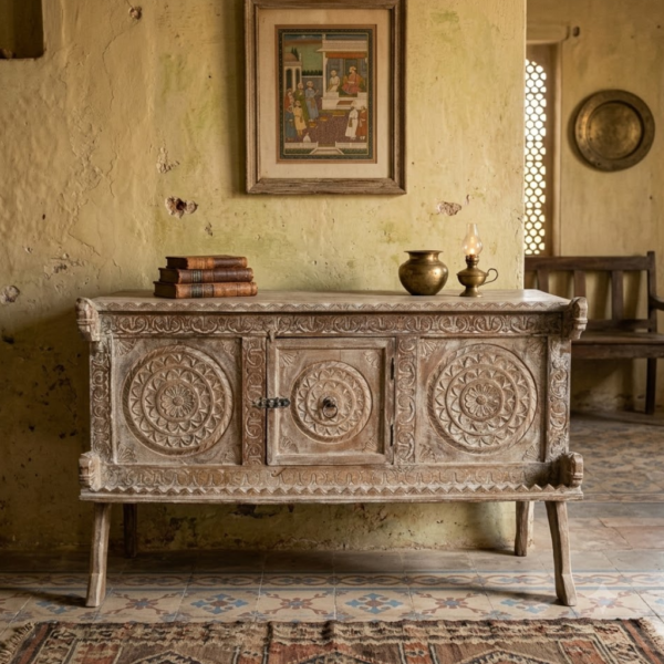Mandala Hand Carved Indian Whitewashed Buffet