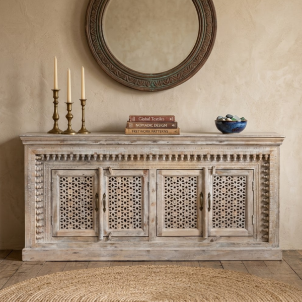 Hand Carved Whitewashed Spindle Sideboard