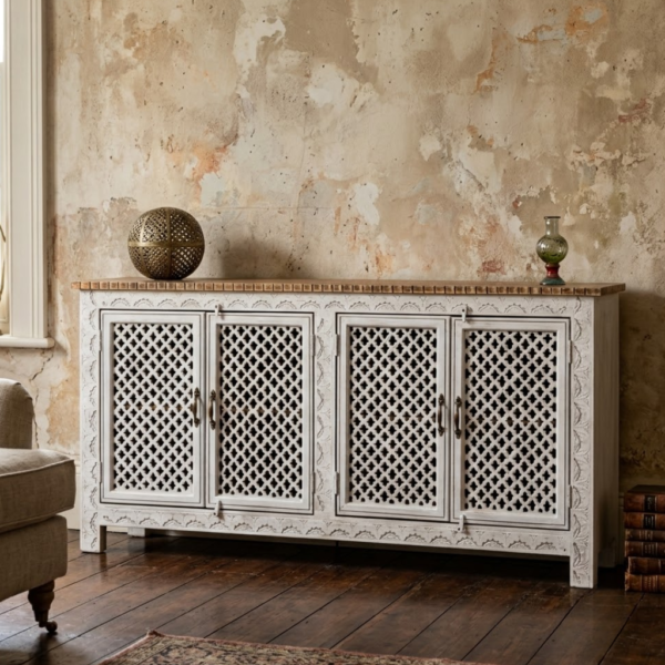 Hand Carved White Jaali 4 Door Sideboard