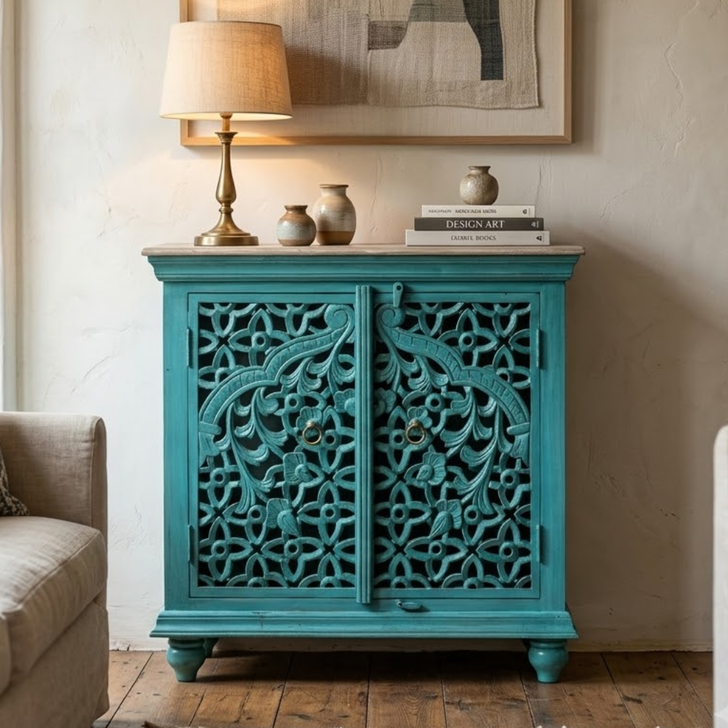Hand Carved Teal 2 Door Sideboard