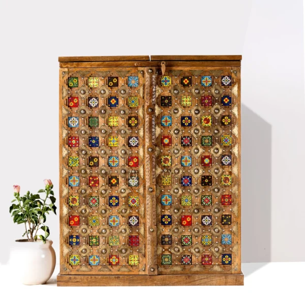 Traditional Colorful Tiles Bar Cabinet In Natural Finish