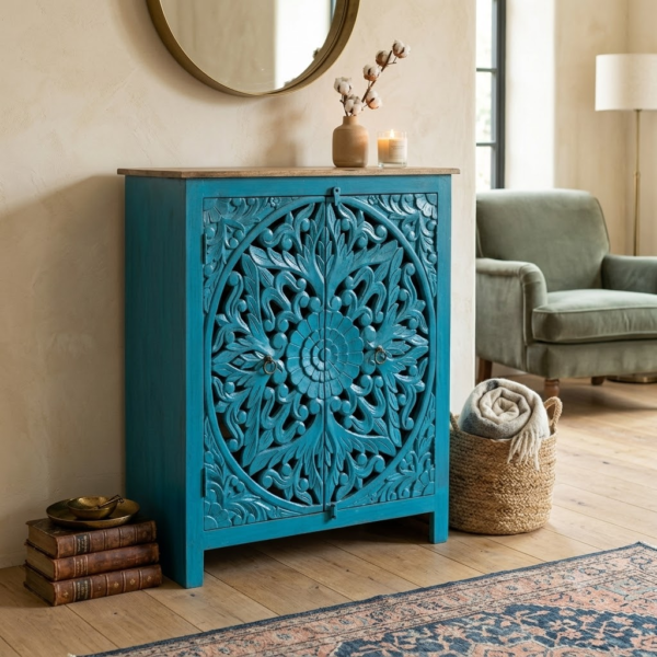 Hand Carved Blue 2 Door Sideboard