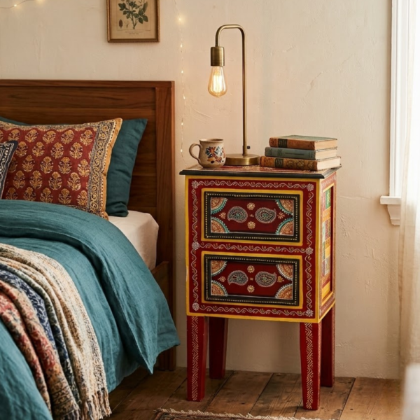 Hand Painted Indian Style Bedside Table Red