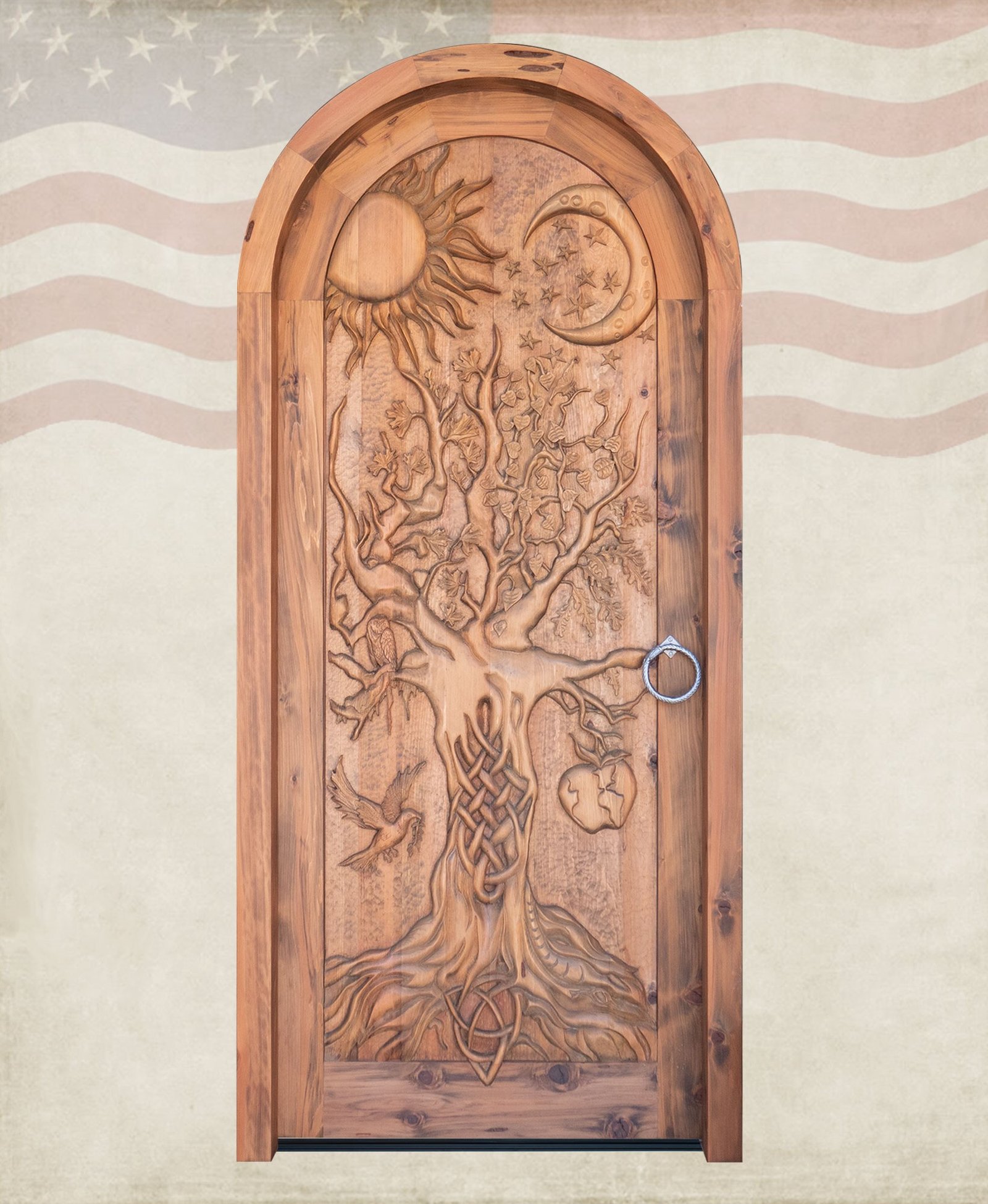 Solid-Custom-Wooden-Tree-of-Life-Door Hand Carved Tree of Life Sun Moon Door