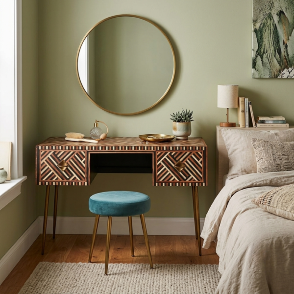 Bone Inlay Brown Striped Work Desk And Dressing Table