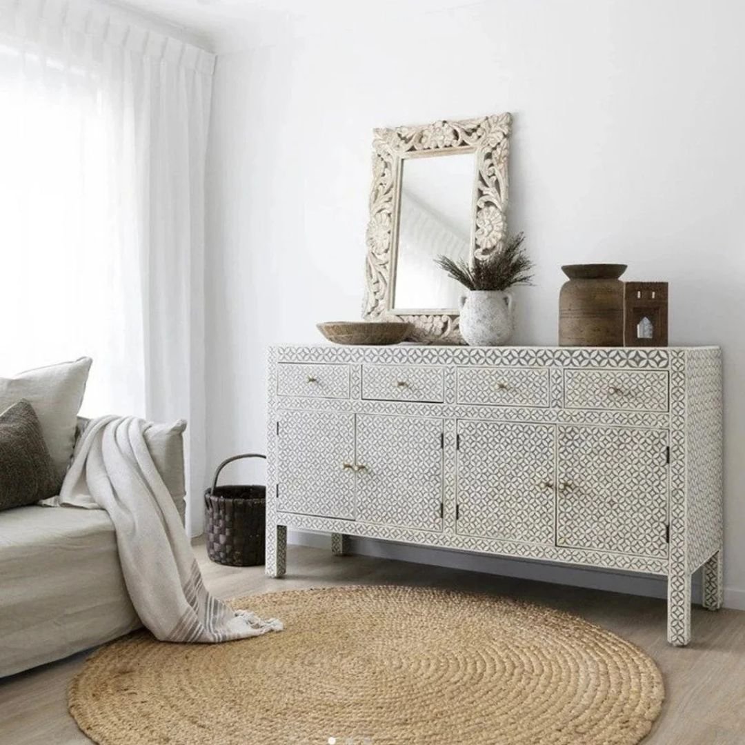Bone Inlay Geometric Pattern Four Drawers Sideboard In Gray Color Bone Inlay Geometric Pattern Four Drawers Sideboard In Gray Color
