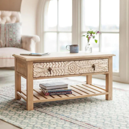 Hand Carved  Floral Coffee Table In Natural Finish
