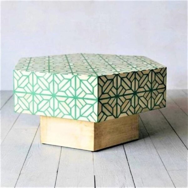 Bone Inlay Green Abstract Pattern Hexagon Coffee Table