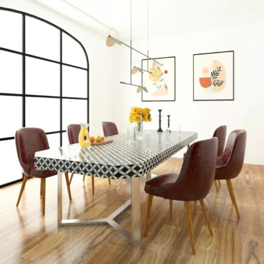 Bone Inlay Handmade Black And White Dining Table With Brass Legs Bone Inlay Handmade Black And White Dining Table With Brass Legs