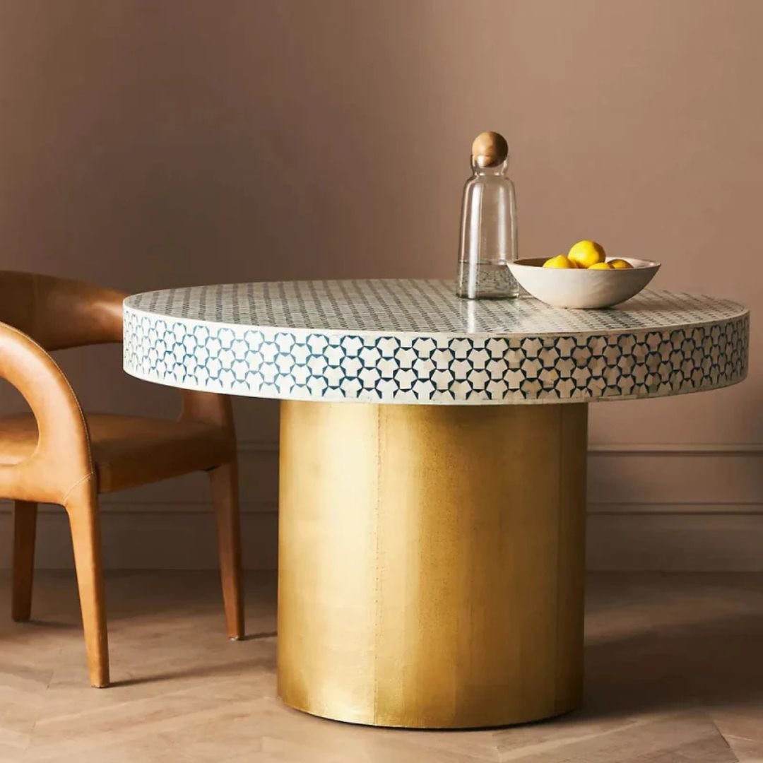 Bone Inlay Handmade Round Dining Table In Blue Pattern Bone Inlay Handmade Round Dining Table In Blue Pattern