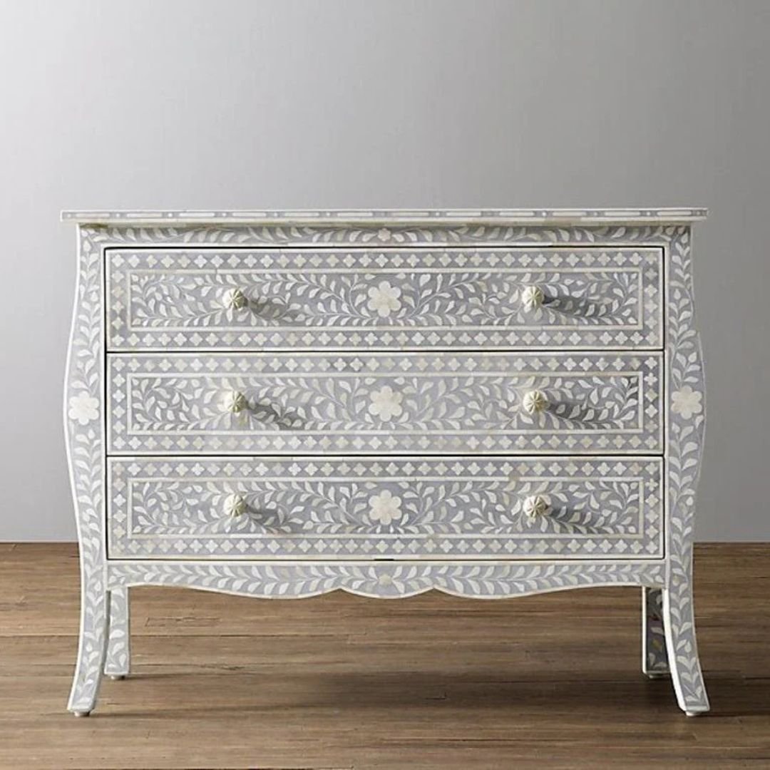 Bone Inlay French Style Floral Chest Of Three Drawers Bone Inlay French Style Floral Chest Of Three Drawers