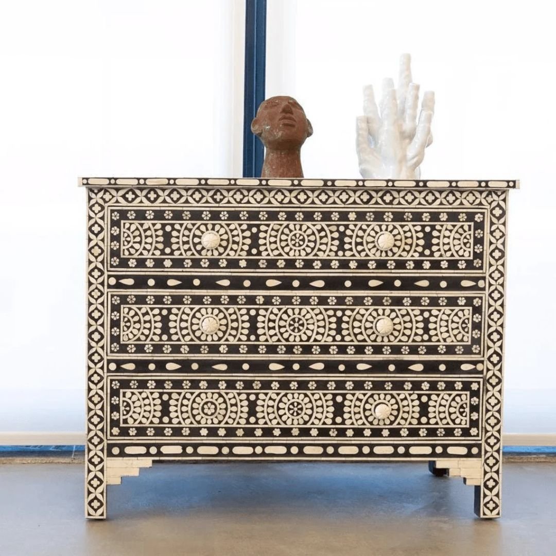 Bone Inlay Floral Black Chest Of Three Drawers Bone Inlay Floral Black Chest Of Three Drawers