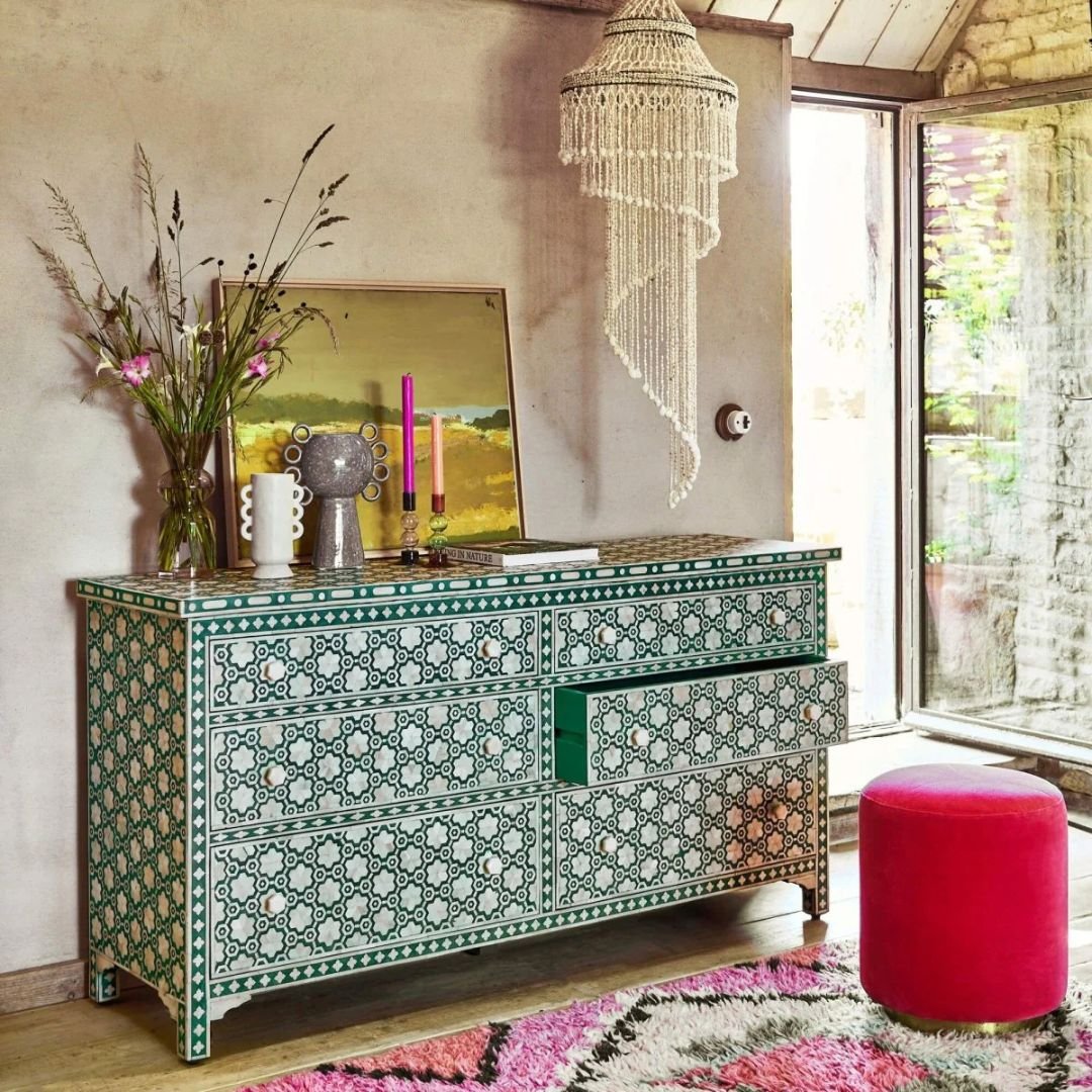 Bone Inlay Floral Green Chest Of Six Drawers | Handmade Wooden Dresser Bone Inlay Floral Green Chest Of Six Drawers | Handmade Wooden Dresser
