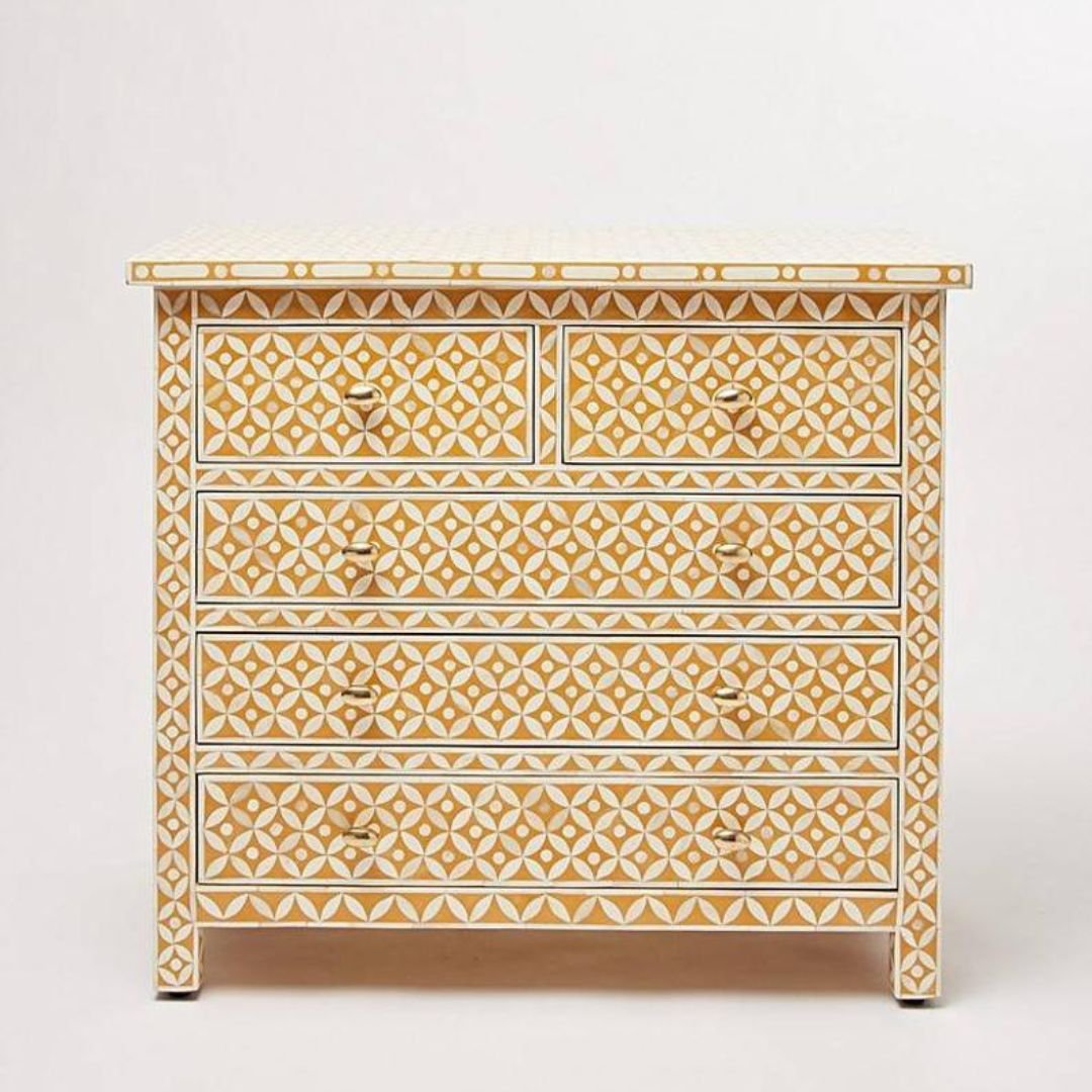 Bone Inlay Geometric Pattern Orange Chest Of Drawers | Handmade Wooden Dresser Bone Inlay Geometric Pattern Orange Chest Of Drawers | Handmade Wooden Dresser