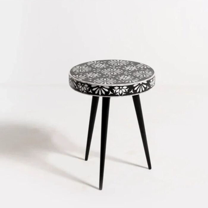 Bone Inlay Black Floral Motifs End Table | Wooden Corner Table