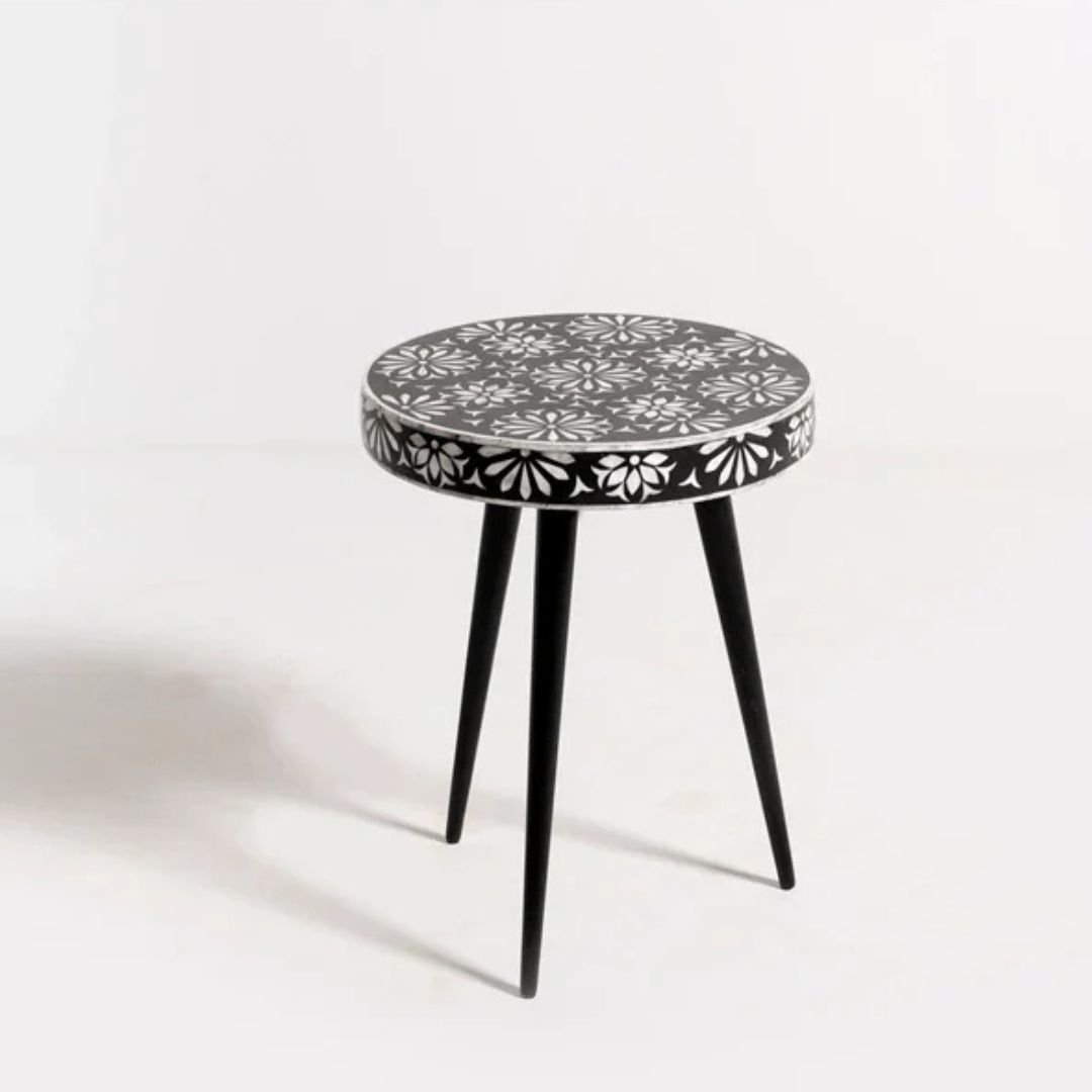 Bone Inlay Black Floral Motifs End Table | Wooden Corner Table Bone Inlay Black Floral Motifs End Table | Wooden Corner Table