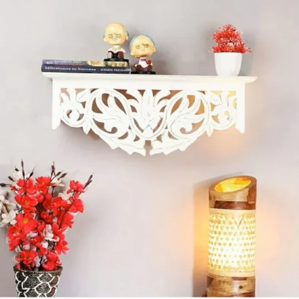 Hand Carved Whitewashed Floating Wall Shelf