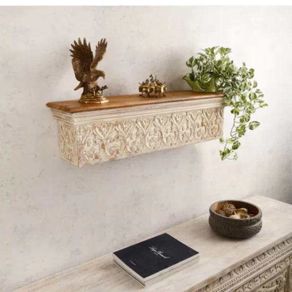 Hand Carved Wall Shelf In Oriental Style White